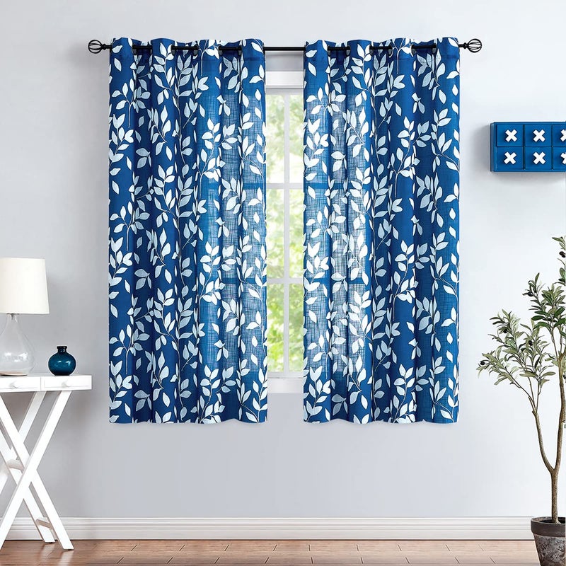 Treatmentex Navy and White Curtains for Bedroom 63" Length Leaf Print Curtains for Windows Semi-Sheers, Royal Blue Grommet Top, 2 Pack - Image 1